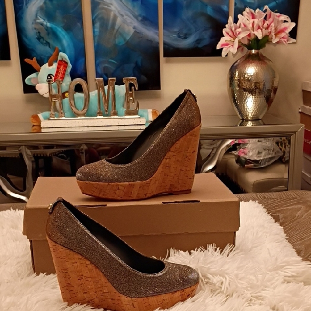 New Stuart Weitzman Stunning Lurex Silver & Gold Glitter Platform Cork Wedges